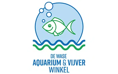 Logo De Wase Aquarium & Vijverwinkel met vis en waterbellen in blauwe cirkel